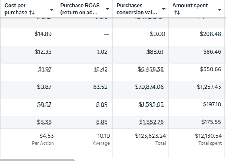 Detailed campaign performance showing ROAS up to 63.52x